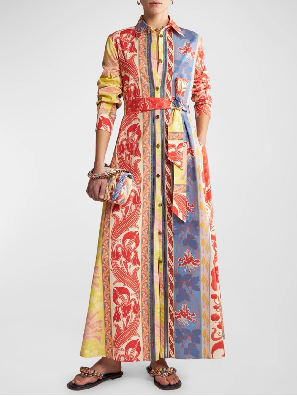 Etro Floral Long Sleeve Shirt Dress with Tie Waist - Multi